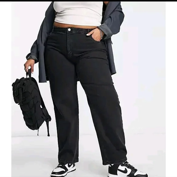 Cotton On Women's Midnight Black Curve Baggy Straight Leg Jeans Sz 12 High Rise - Picture 1 of 14